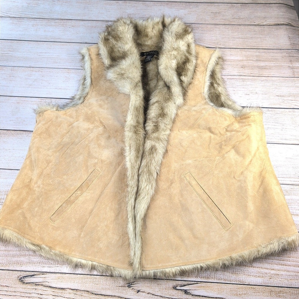 VTG y2k Lane Bryant Womens Tan Suede Vest Faux Fur Plus Size 22/24 Open Front